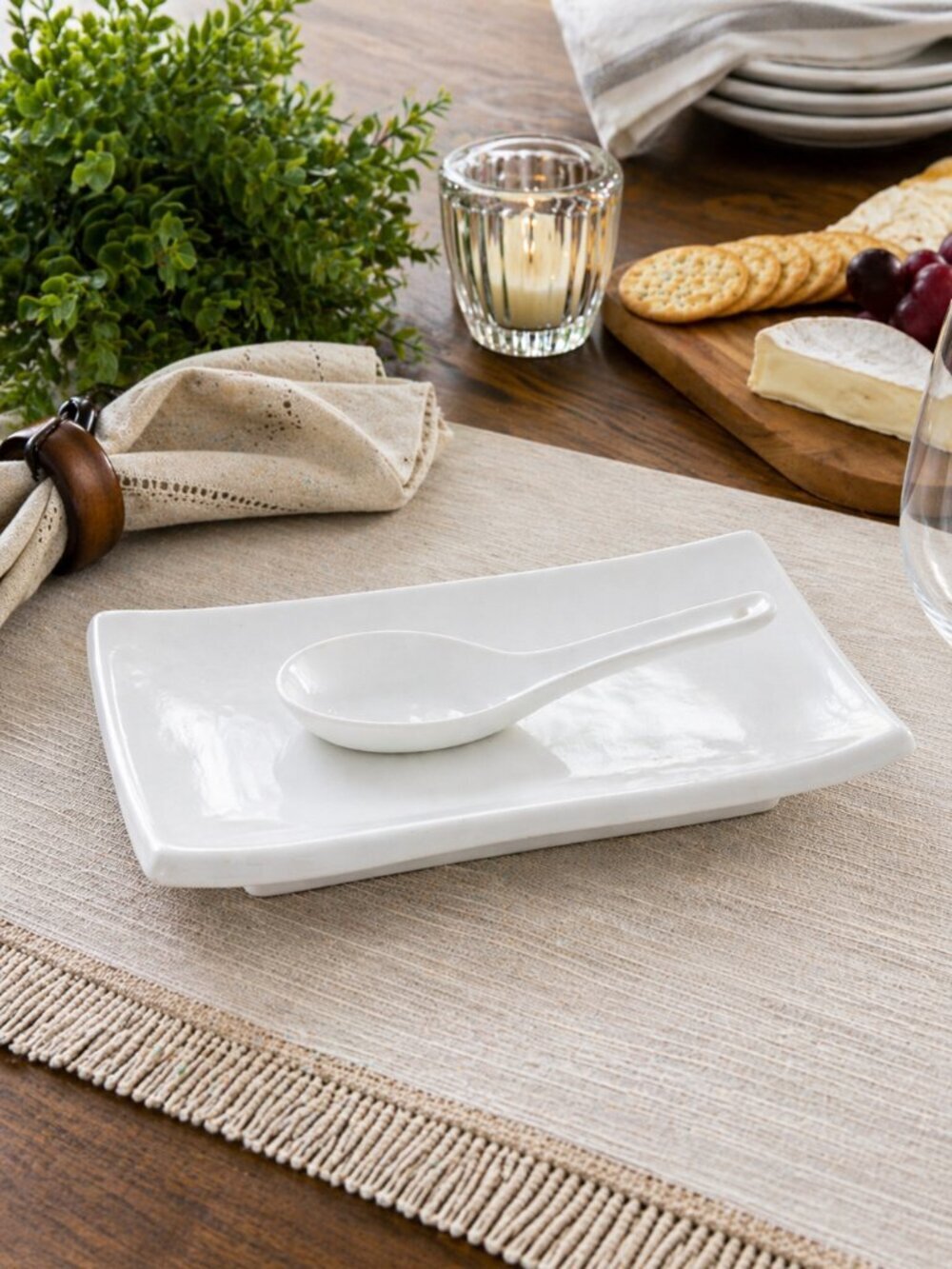 Pier 1 White Porcelain Appetizer Plate & Spoon Set Minimal Serving Dish